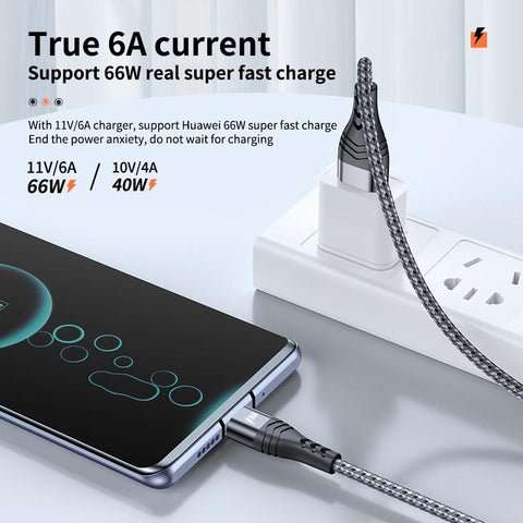 Type C 6A 66W Super Fast Charging Cable For Huawei Mate 40 Pro USB C Nylon Braided Data-PA00447-Veeddydropshipping