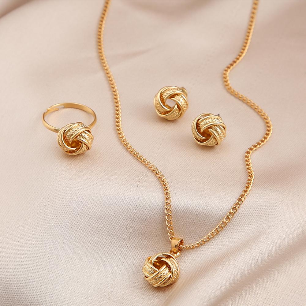 Metal Twist Lucky Knot Earrings Necklace Ring Jewelry Set  -JW00222-Veeddydropshipping