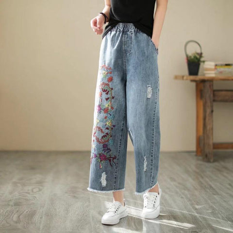 High Street Style Floral Embroidery Bleached Denim Pants-WF00489-Veeddydropshipping