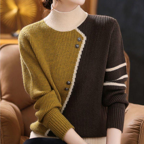 Asymmetrical Striped Button Knitted Splicing Sweaters-WF00098-Veeddydropshipping