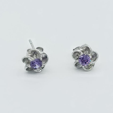925 Silver Flower Stud Earrings Purple Swiss Diamond Jewelry  -JW00278-Veeddydropshipping