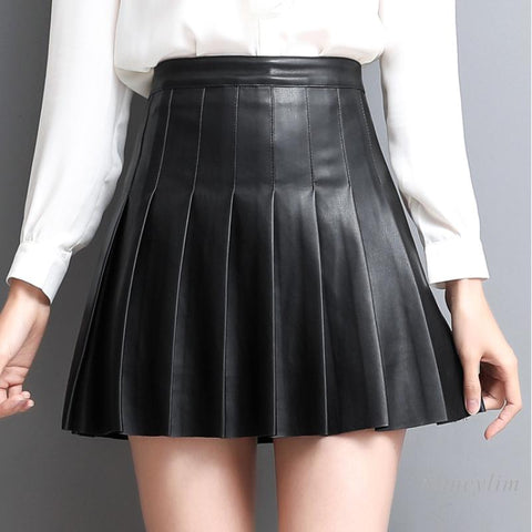 Women Real Leather Korean-Style Slim Fit High Waist Ruffled Skirt-WF00386-Veeddydropshipping