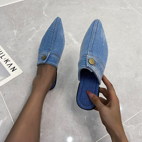 Womens Slippers Denim Round Toe Flat Shoes Female-BS01210-Veeddydropshipping
