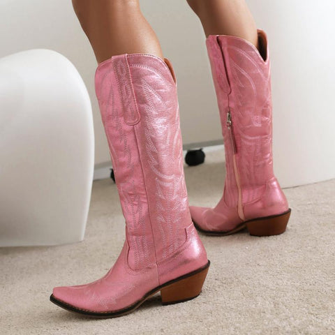 Shiny Embroidery Zipper White Knee High Boots Casual-BS01062-Veeddydropshipping