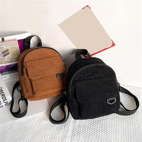 Solid Color Corduroy Small Backpacks Simple Casual Student Bookbags-BS00063-Veeddydropshipping