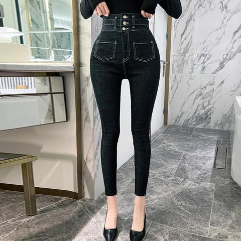 Vintage Skinny Jeans Women Button High Waisted Pants-WF00394-Veeddydropshipping