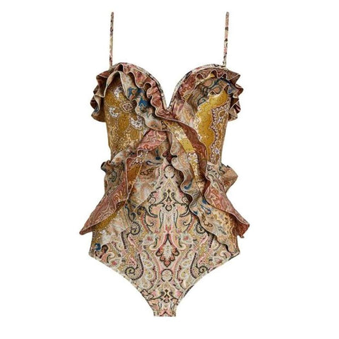 Fashion Exotic Print One Piece Ruffle Slim Bikinis String Sling Swimsuit Ladies -OS00023-Veeddydropshipping