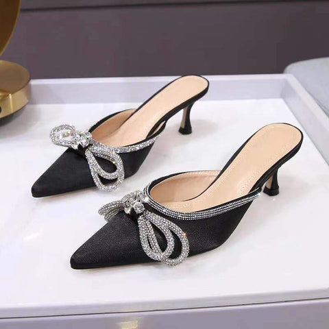 Rhinestone Baotou Shallow Mouth Slippers Middle Heel-BS01001-Veeddydropshipping