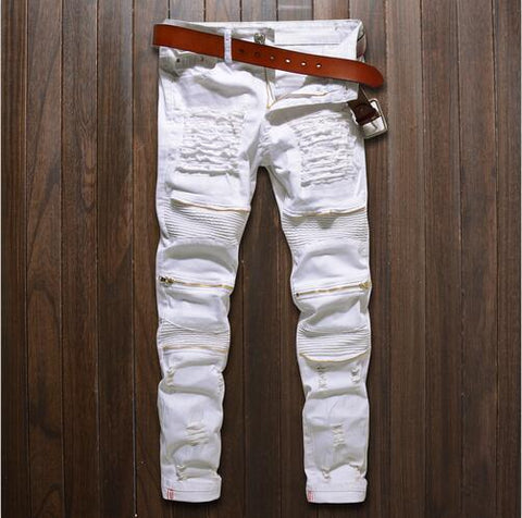 Fashion Biker Runway Hip hop Slim Jeans Knee zipper-MF00544-Veeddydropshipping