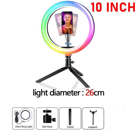 26cm RGB Dimmable LED Selfie Ring Fill Light Phone Camera Photography Lamp For Makeup Video Live Mic Clip Aro De Luz Para