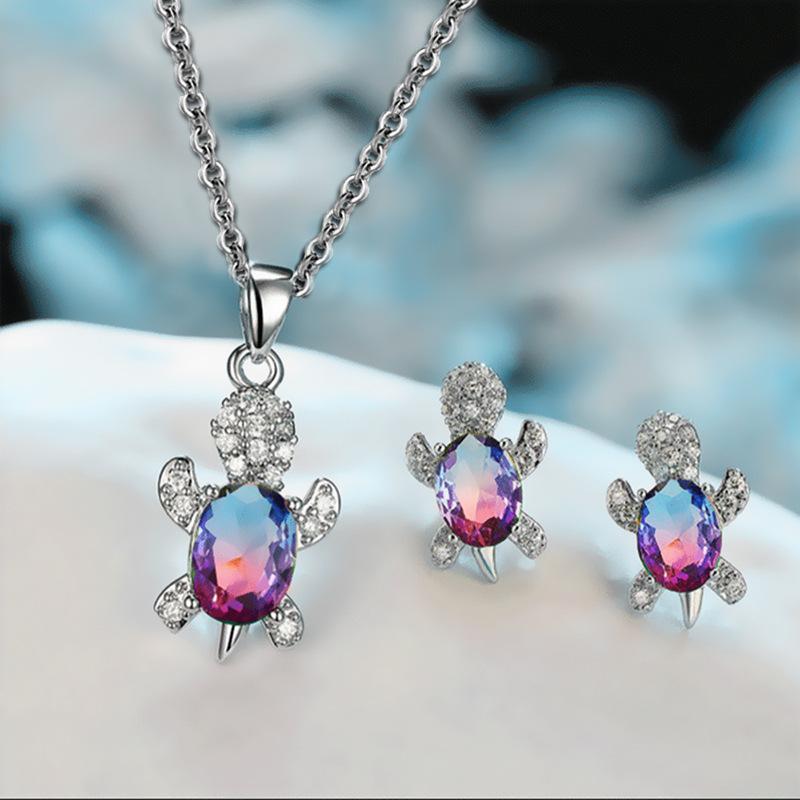 Fashion Simple Crystal Turtle Earrings Necklace Set Women-JW01345--Veeddydropshipping