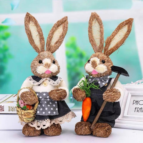 Straw Standing Rabbits Hand Woven Pastoral-HA00310-Veeddydropshipping