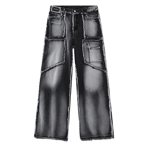 Pants Vintage Wash Rough Edge Straight Tube Splicing Male-MF00443-Veeddydropshipping