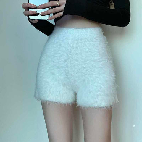Women Thick Mohair Fur High Waist Short Trousers-Veeddydropshipping