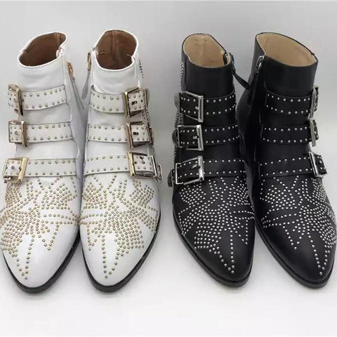 Round Toe Rivet Flower Short Boots Cowhide Thick Heel Low New-BS00985-Veeddydropshipping