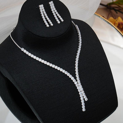 Simple Zircon Necklace Earrings Women Crystal Earrings for Wedding-JW01335-Veeddydropshipping