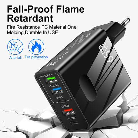 GaN 65W USB C Charger PD Type C Fast Charging 5 Ports Wall Adapter For iPhone-PA00373-Veeddydropshipping