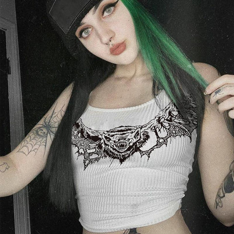 Women Sexy Gothic Punk Style Print White Tank Tops Slim-Veeddydropshipping