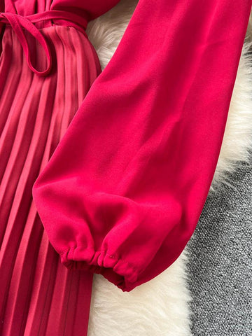 Gradient Pleated Dress for Women V Neck Long Sleeve-Veeddydropshipping