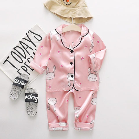 Toddler Girls Silk Satin Pajamas Sets Cartoon Kids Boys Pyjamas Baby-TB01081-Veeddydropshipping