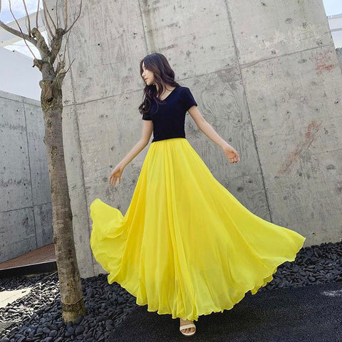 Pleated Women High Waist Chiffon Large Swing Skirt-WF00436-Veeddydropshipping