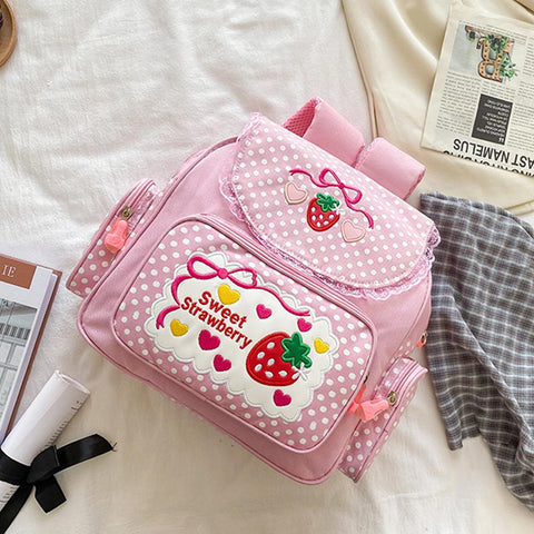 Cute Strawberry Embroidery Student Mochila Dots Multi-Pocket Nylon Fashion-BS00009-Veeddydropshipping