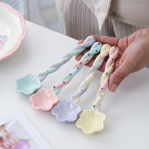 Ceramic Long Handle Spoon Painted Dessert Spoon-HA01315-Veeddydropshipping