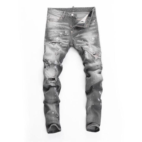 Gray Elastic Slim Fit Hole Ripped Jeans Men Stretch Trousers-MF00574-Veeddydropshipping