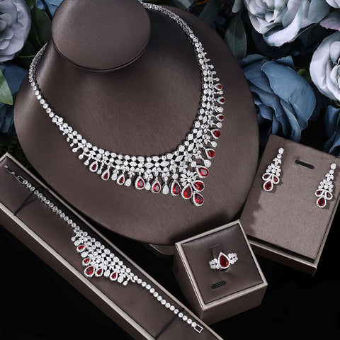 Tassel Water Drop Big Wedding Bridal Necklace Earrings 4 Pieces -JW00295-Veeddydropshipping