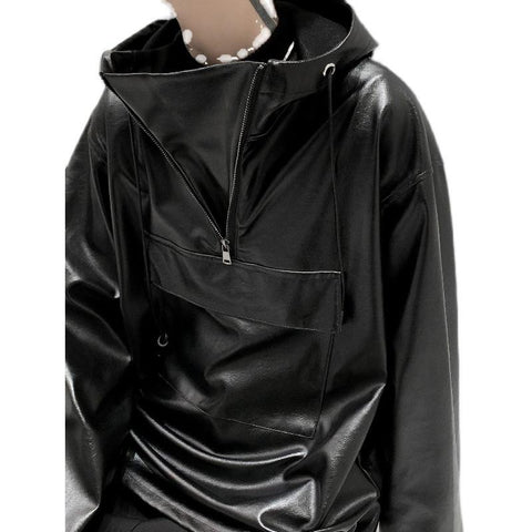 PU Leather Darkwear Solid Color High Street Long Sleeve-MF01359-Veeddydropshipping