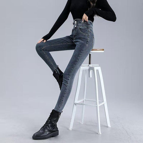 Thick Velvet Women High Waist Skinny Jeans-WF00020-Veeddydropshipping