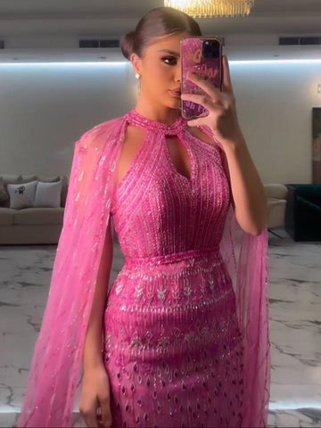 Elegant Cape Sleeves Beaded Evening Dresses-WF01585-Veeddydropshipping