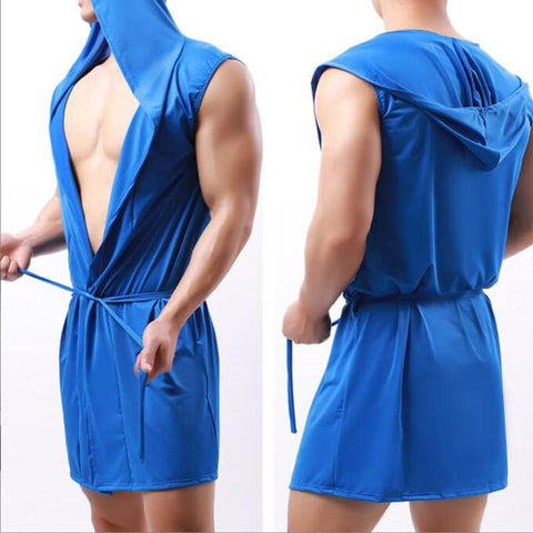 Sleeveless Oversized Silky Male Pajamas Hooded Bathrobe Ultra-thin Homewear-MF01599-Veeddydropshipping