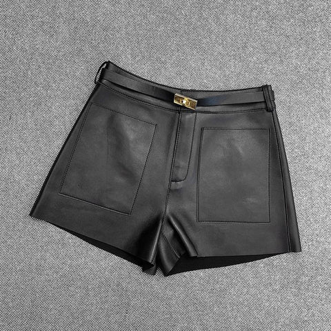 Real Sheepskin Leather Shorts Women Casual Shorts-WF00481-Veeddydropshipping