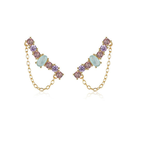 925 Sterling Silver Gold Plating Colorful Zircon Chain Stud Earrings for Women-JW00071-Veeddydropshipping