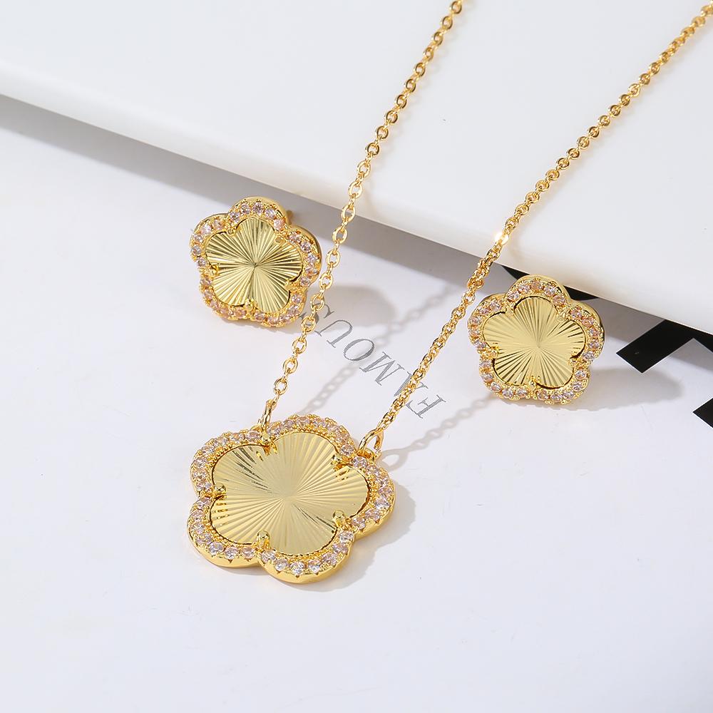 Lucky Jewelry Zircon CZ Simple Inlaid Plant Flower Pendant set-JW01328-Veeddydropshipping