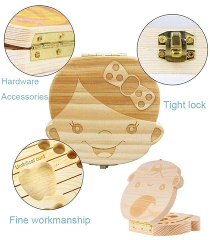 Wooden Baby Kids Tooth Storage Box English/Spanish/French/Russian/Italian-TB00793-Veeddydropshipping