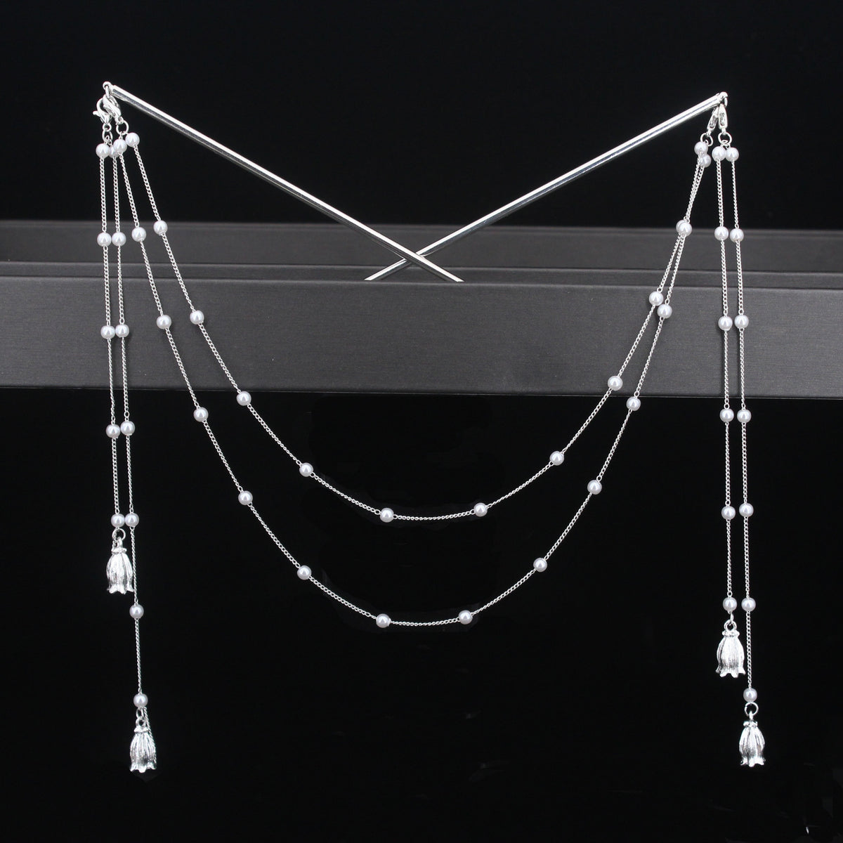 Double Chain Hair Fork Pearl Tassel Hair Stick Hairpin -JW00544-Veeddydropshipping