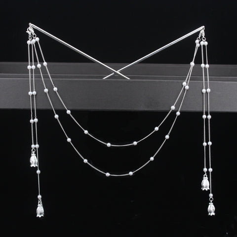 Double Chain Hair Fork Pearl Tassel Hair Stick Hairpin -JW00544-Veeddydropshipping