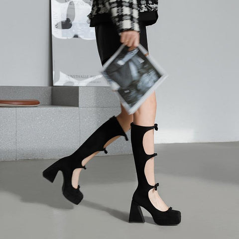 boots black red shoes women knee high boots ladies cut-outs-BS01038-Veeddydropshipping