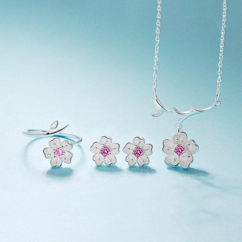 925 Sterling Silver Jewelry Sets Romantic Cherry Blossoms Flower -JW00341-Veeddydropshipping
