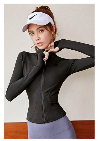 Autumn Sport Jacket Women Long Sleeve With Thumb Hole Yoga Shirt Zipper -OS00766-Veeddydropshipping