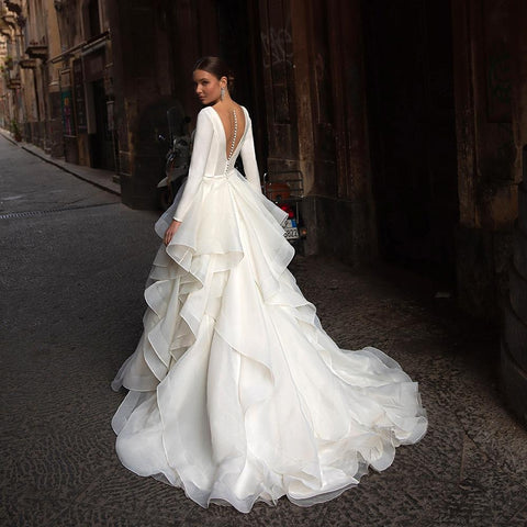 V-Neck Ball Gown Long Sleeves Wedding Dress-WF01565-Veeddydropshipping