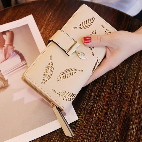 Women Long Wallet Gold Hollow Leaves Pouch Handbag For-BS00203-Veeddydropshipping