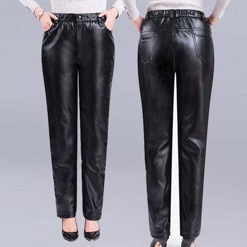 New Faux Leather Elastic Waist Cargo Pants-WF00354-Veeddydropshipping