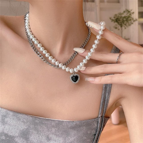 Vintage Link Heart Pendant Necklace  Pearl Necklace for Woman Jewelry Gift-JW01349-Veeddydropshipping