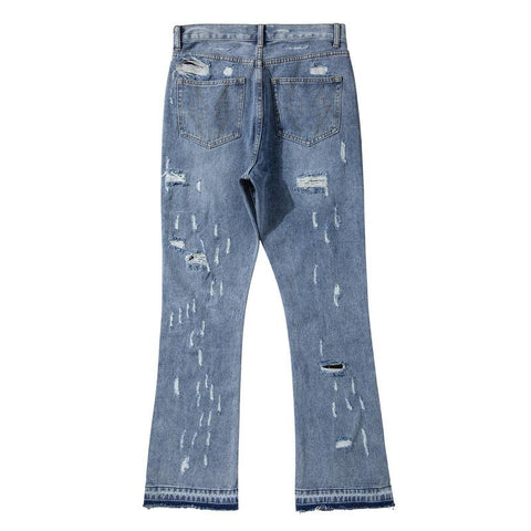 Block Patchwork Hole Ripped Men Flare Jeans Trousers Hip Hop-MF00565-Veeddydropshipping