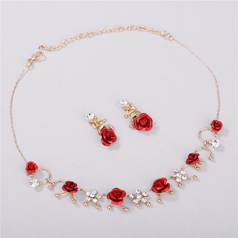 3pcs/set Elegant 1 Pair Necklace Red Flower Neckless Jewelry Set-JW01354-Veeddydropshipping