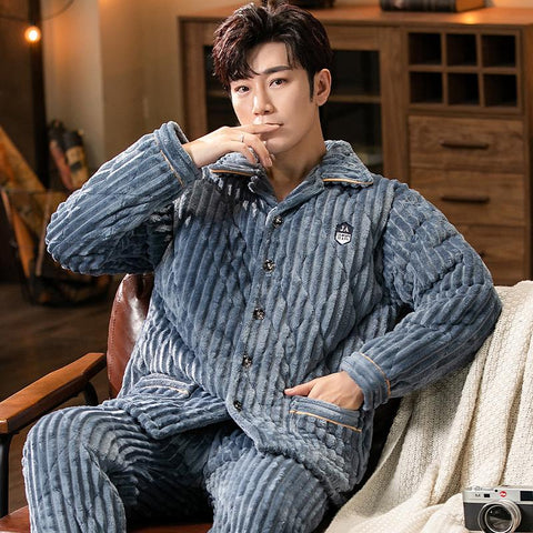 Warm Sleepwear Men&#39;s Flannel Winter Thick Pajamas Long Sleeve Casual-MF01605-Veeddydropshipping