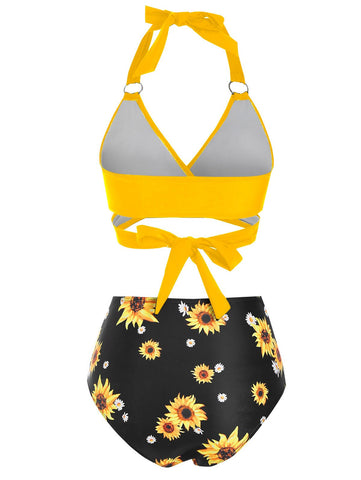 Ring Sunflower Knot High Waisted Wrap Bikini Swimwear Two Piece Swimsuit Girl -OS00278-Veeddydropshipping